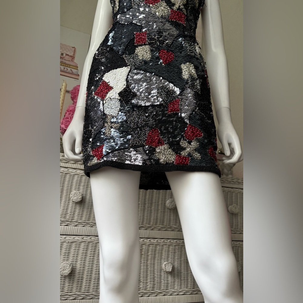 Vintage Oleg Cassini Sequin Silk Mini Dress BodyCon Low Cut Black & White Size 4 - Picture 8 of 12